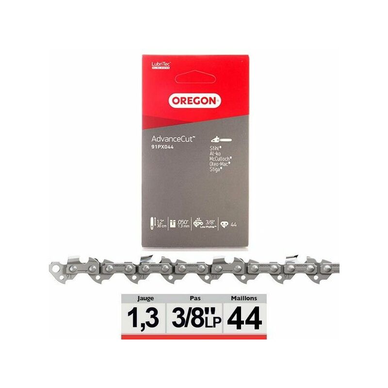 [91PX044E] Chaîne de tronçonneuse 3/8" 1,3mm 44 DL demi-ciseau Chamfer Boite Oregon